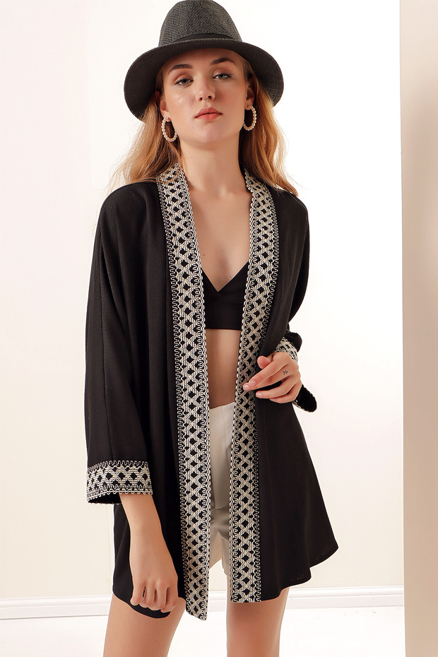05866 Nakışlı Örme Kimono - Siyah - 4