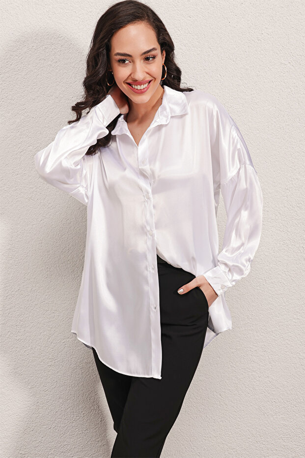 3985 Oversize-Satinhemd – Weiß - 2