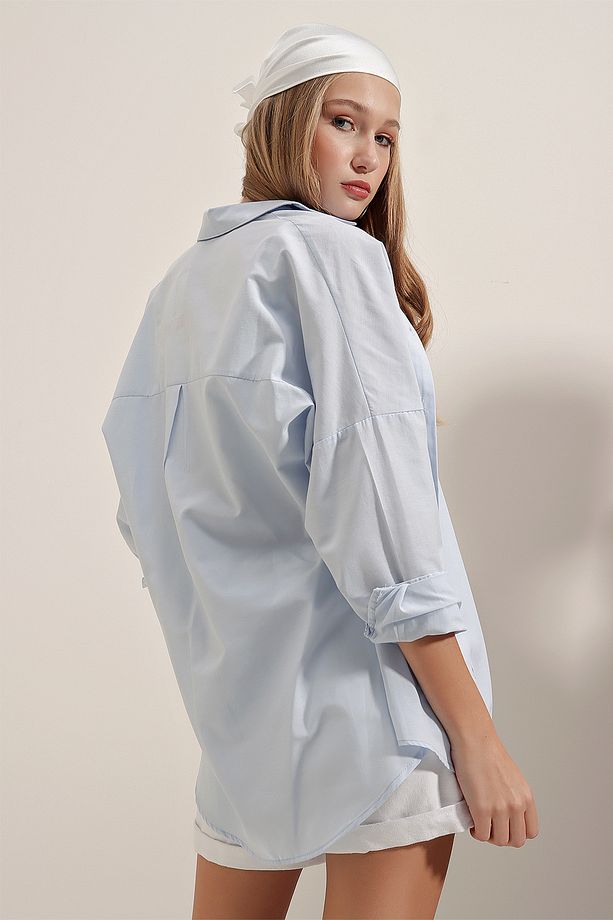 3900 Oversize Uzun Basic Gömlek - Açık Mavi - 8