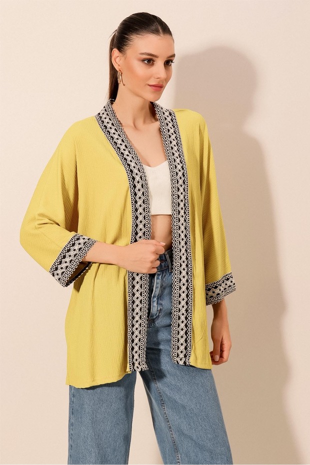 5866 Nakışlı Örme Kimono - A.Sarı - 3