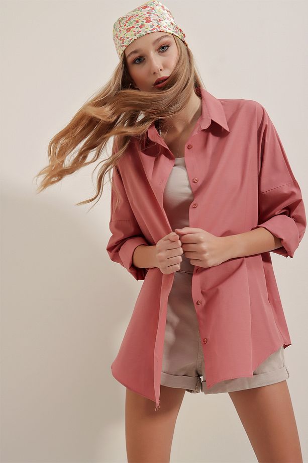 3900 Oversize Uzun Basic Gömlek - Gül Kurusu - 3