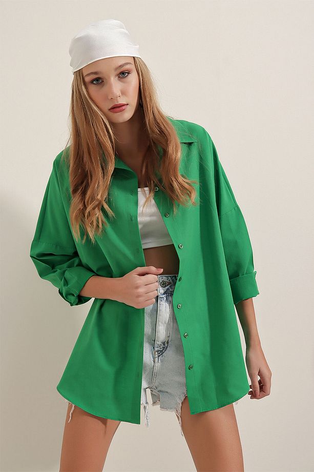 3900 Oversize Uzun Basic Gömlek - Yeşil - 3