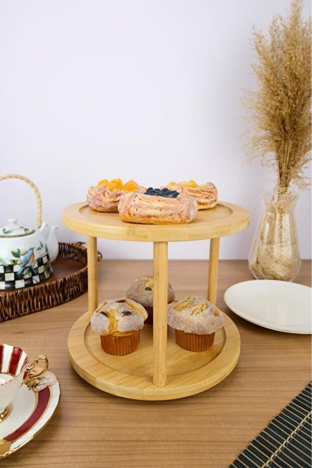 Bamboo 2 Layer 360° Serving and Presentation Tray with Rotating Stand Brown – A/10 C1-1-289 - 3