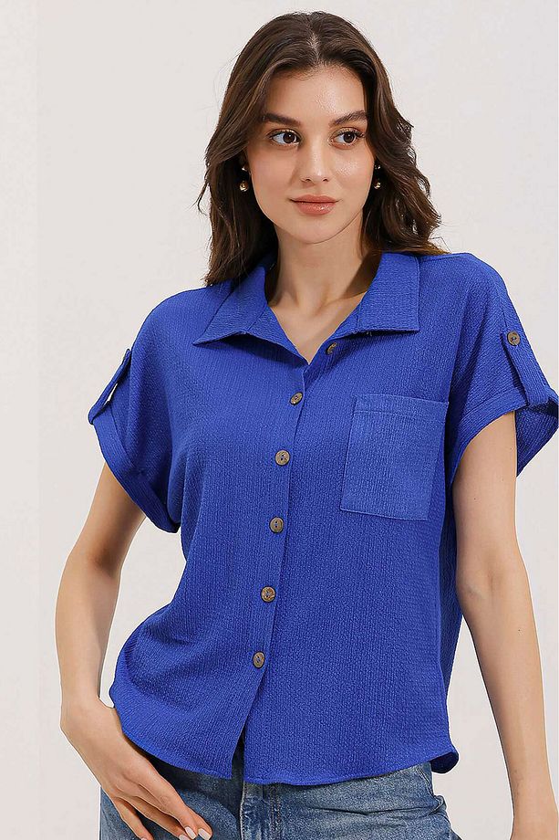 20187 Kısa Kol Oversize Örme Gömlek - Saks - 2