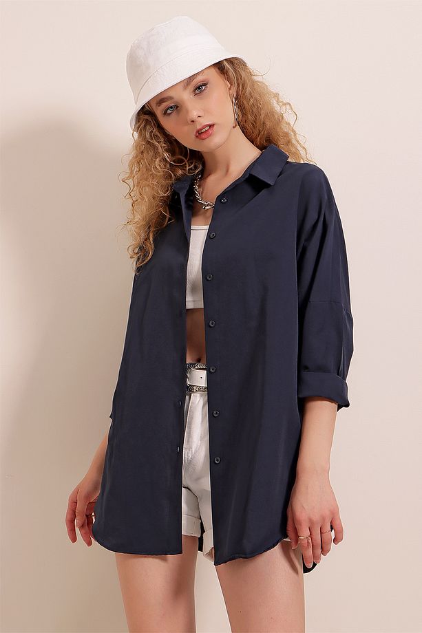 3900 Oversize Uzun Basic Gömlek - Lacivert - 4