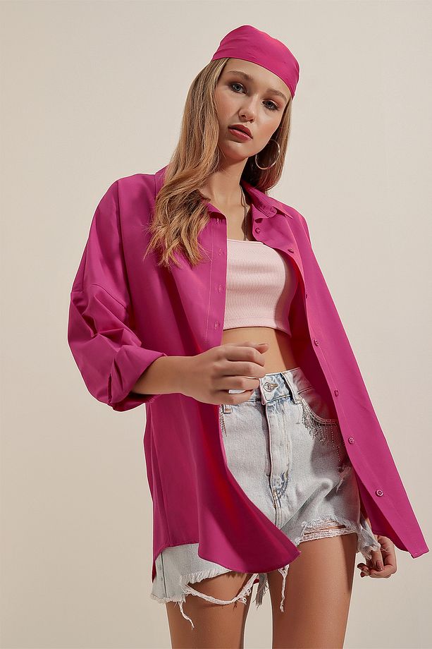 3900 Oversize Uzun Basic Gömlek - Koyu Pembe - 4