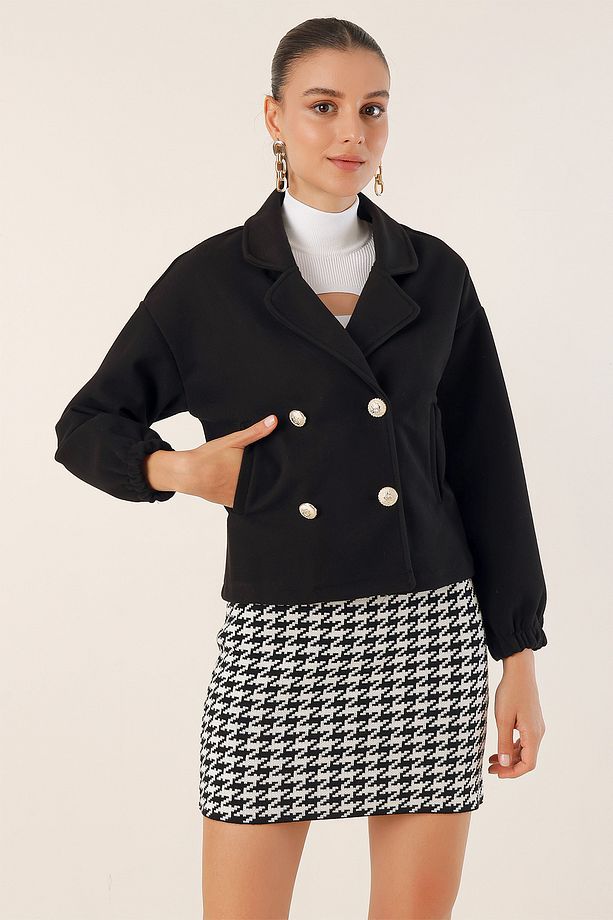 9117 Kruvaze Yaka Crop Ceket - Siyah - 4