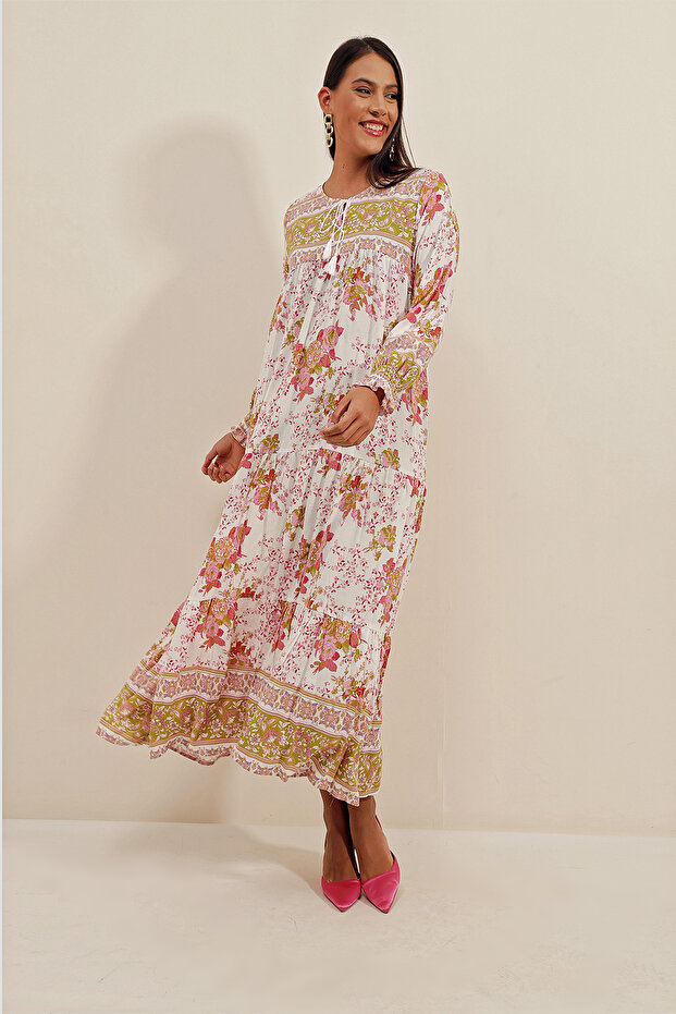 1947 Gemustertes langes Kleid – B. Senf - 4