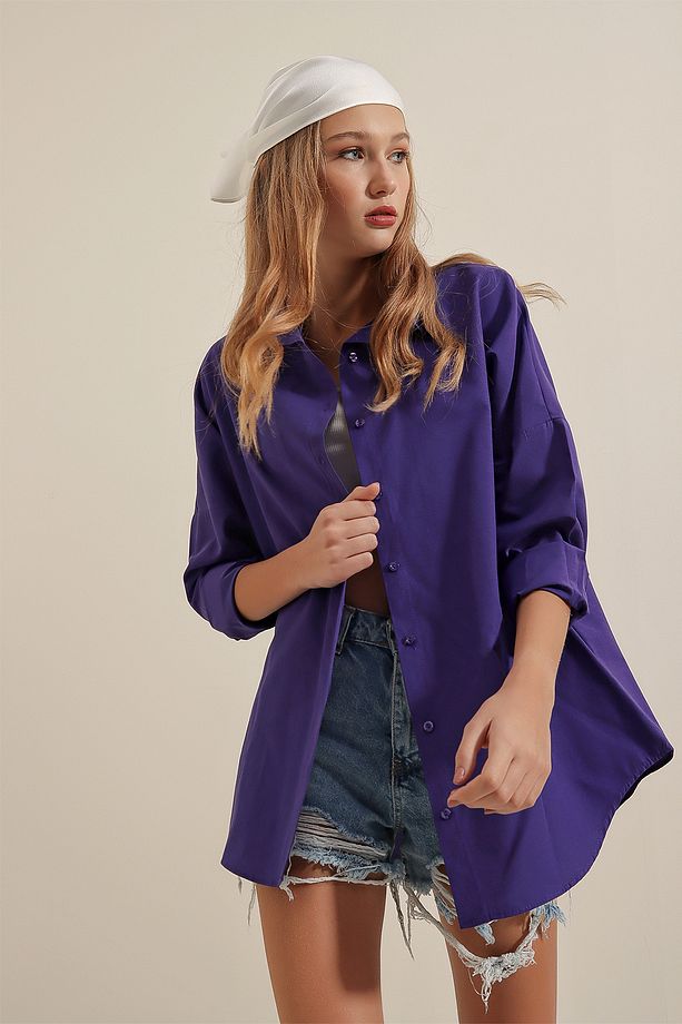 3900 Oversize Uzun Basic Gömlek - Mor - 3