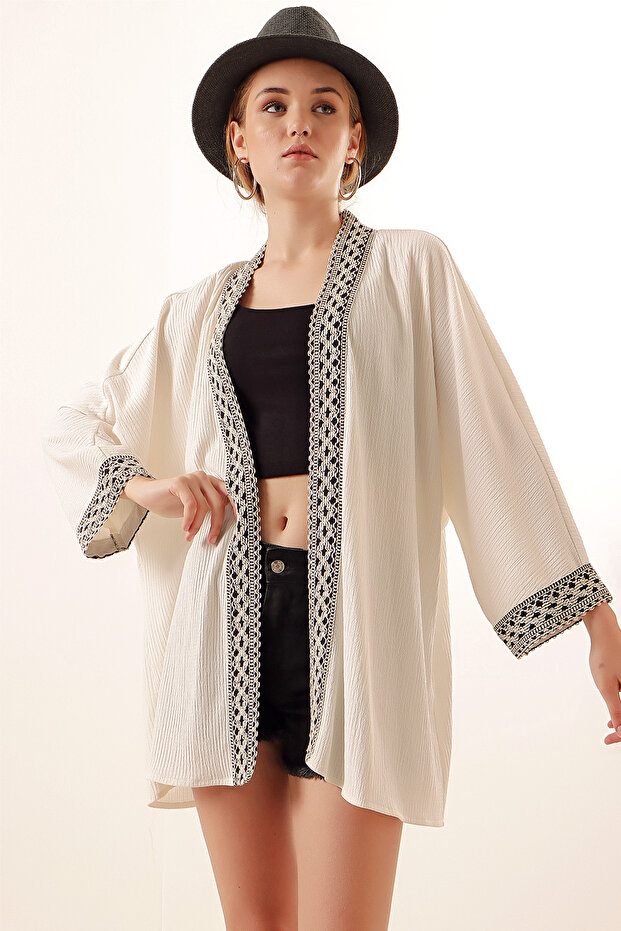 5866 Nakışlı Örme Kimono - Beyaz - 2