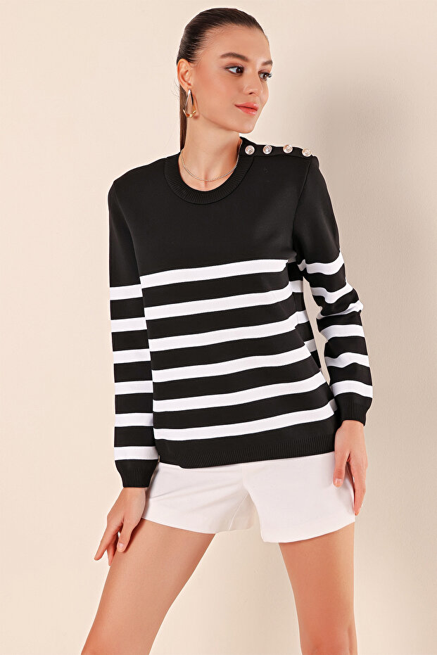 15820 Button Detailed Striped Sweater - Black