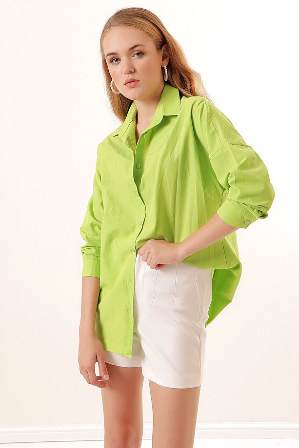 3900 Oversize Uzun Basic Gömlek - Çağla - 2