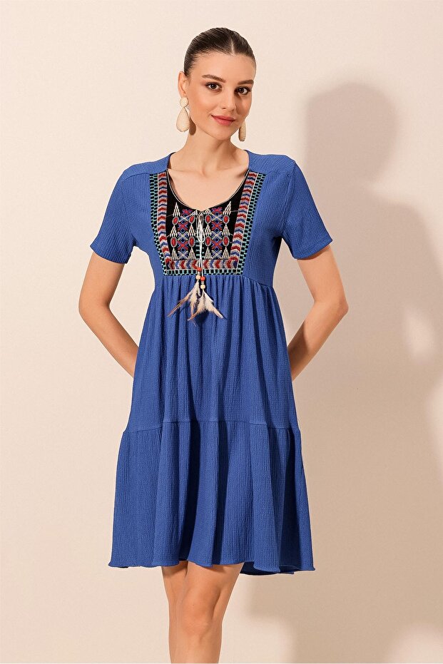 2429 Nakışlı Örme Elbise - Saks - 2