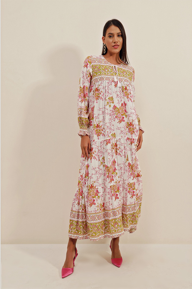 1947 Gemustertes langes Kleid – B. Senf - 3