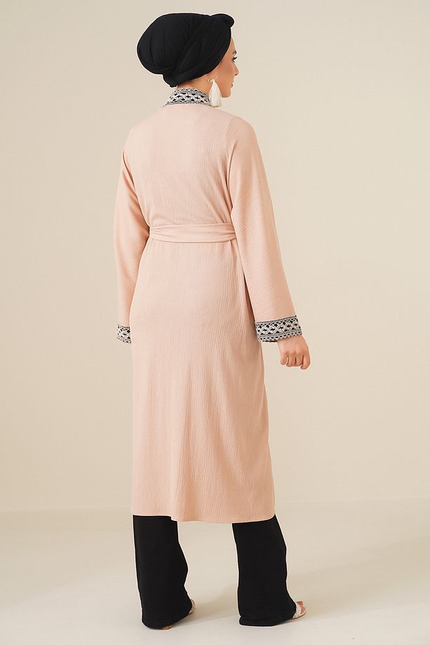 5865 Nakışlı Örme Uzun Kimono - Bisküvi - 5