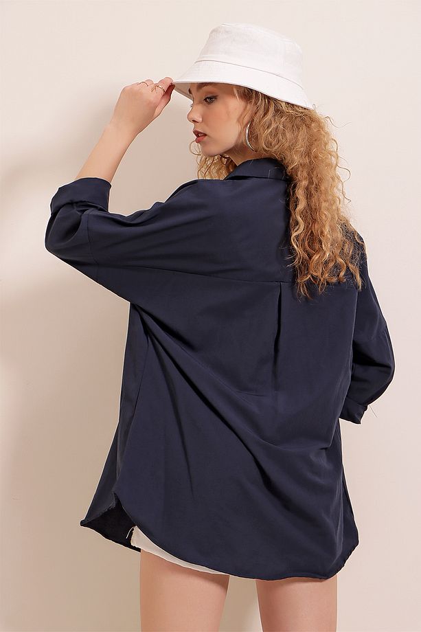 3900 Oversize Uzun Basic Gömlek - Lacivert - 6