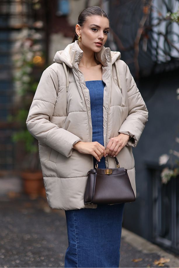 Kapüşonlu Oversize Şişme Mont - Bej - 6