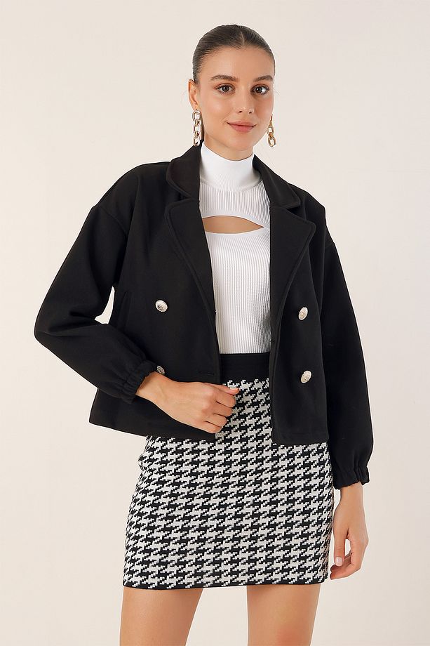 9117 Kruvaze Yaka Crop Ceket - Siyah - 3