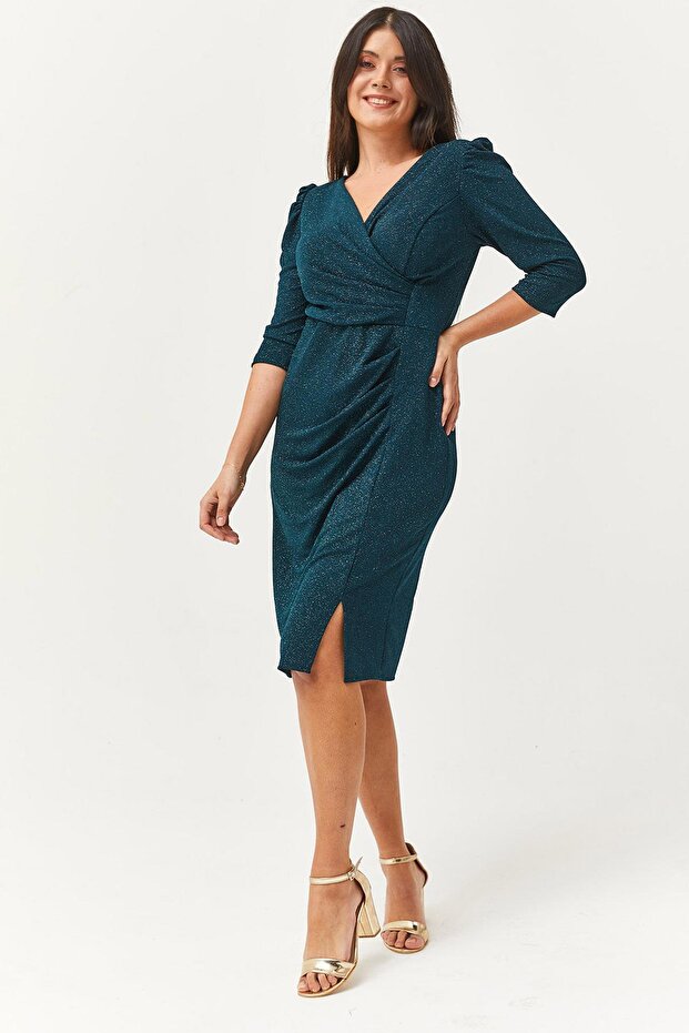 Women's Plus Size Double Breasted Collar Silvery Green Evening Dress & Graduation Dress