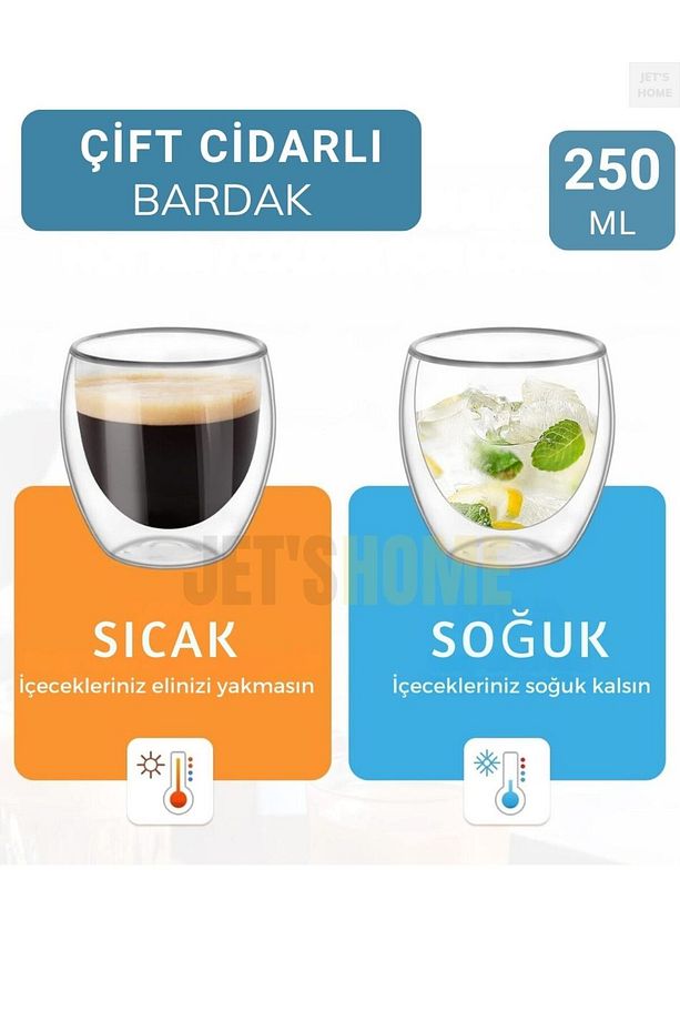 2’li Set Kahve Bardağı 250 ml Çay Bardağı Çift Cidarlı Bardak Cam Magnolya Bardağı - 4