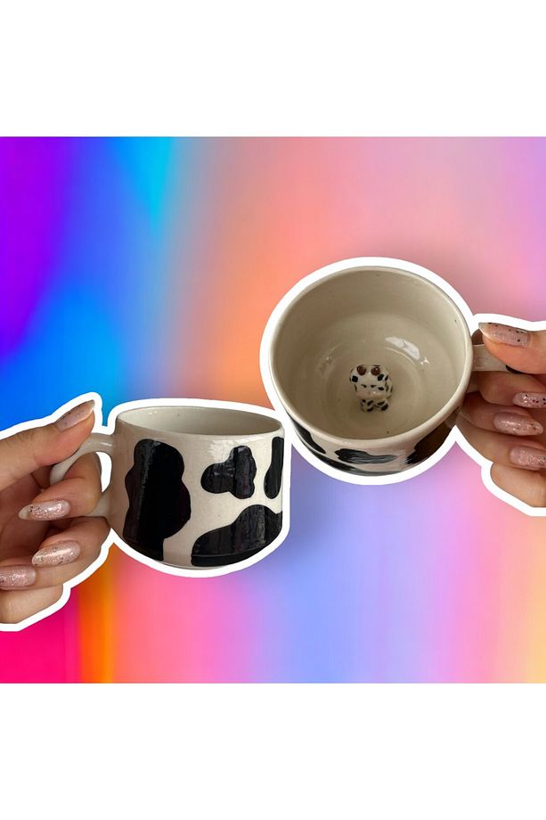 El Yapımı İnek Desenli ve İnek Figürlü Seramik Stoneware Çay Kahve Bardak Kupa Fincan - 1