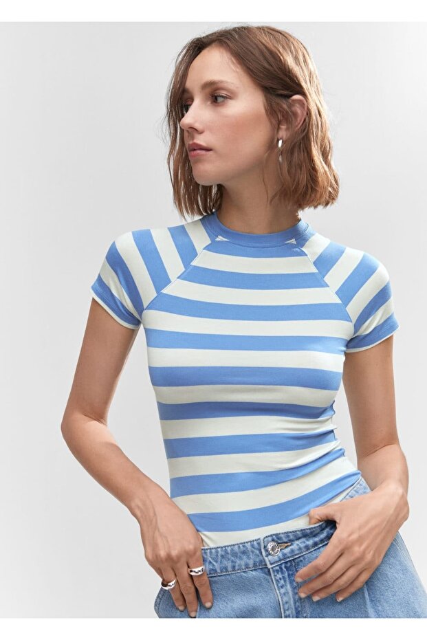 Baskılı çizgili tişört - 1