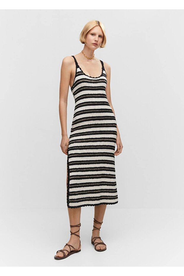 Çizgili Tığ Işi Elbise - 2