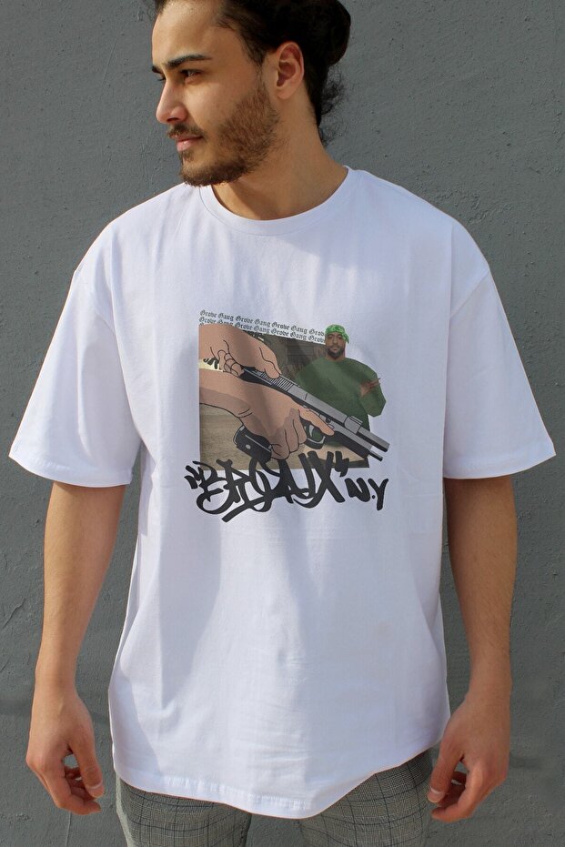 Unisex White Grove Gang Printed Oversize T-shirt