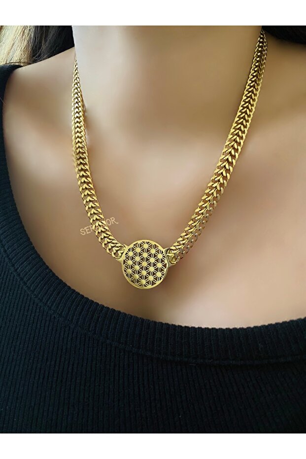 Life flower necklace with no tarnish steel mesh chain