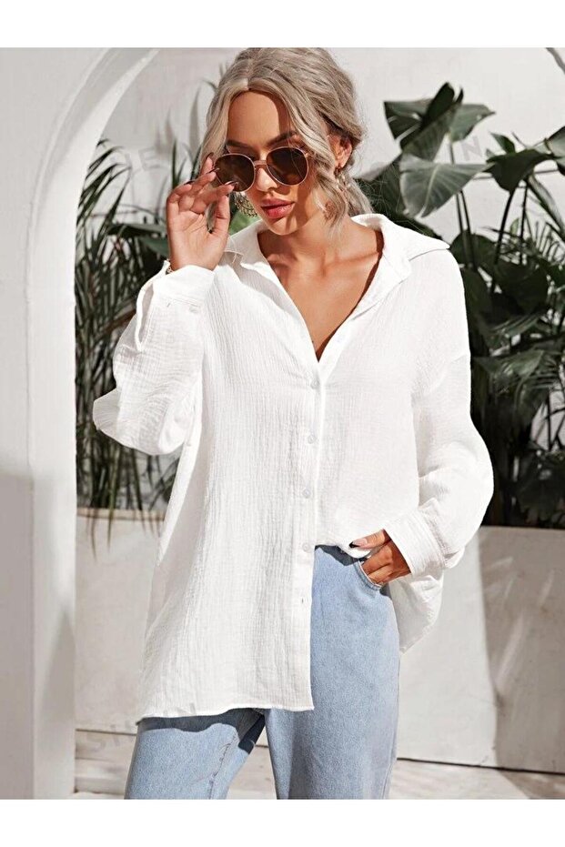 Kadın beyaz Oversize Gömlek