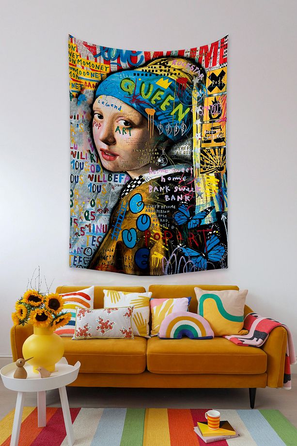 Pop Art Johannes Vermeer İnci Küpeli Kız 2 Grafiti Duvar Örtüsü Halısı - 1