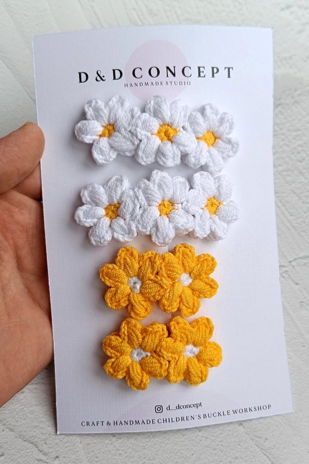 Mother Daughter Yellow White Daisy Buckle Set Hand Knitted / Baby Buckle - Girl's Buckle