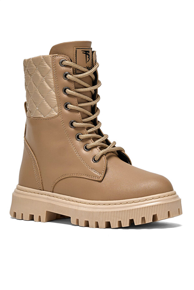 Lányok Nude Thermo Sole steppelt, részletes fűzős és cipzáras hosszú csizma - 2