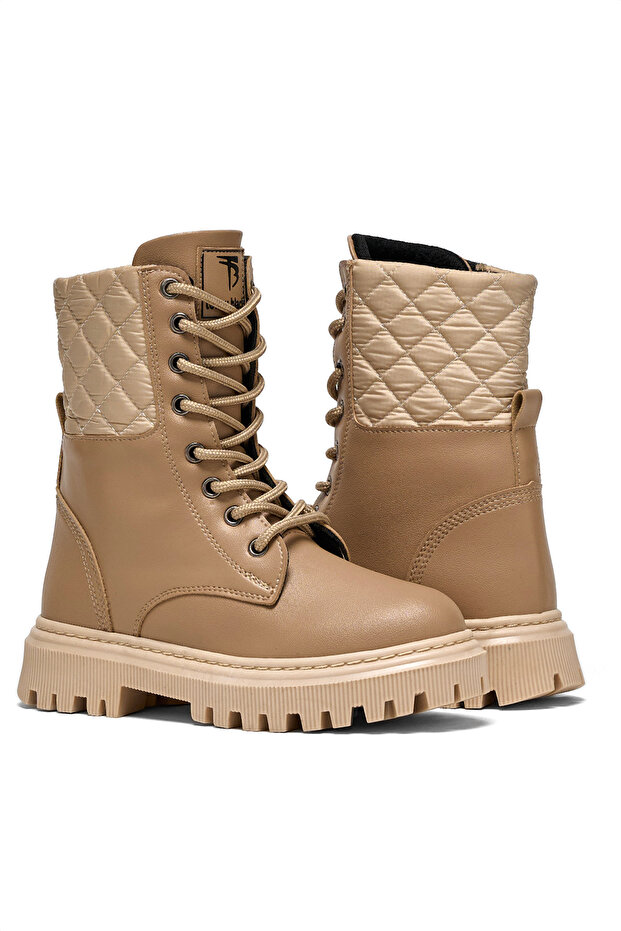 Lányok Nude Thermo Sole steppelt, részletes fűzős és cipzáras hosszú csizma - 5