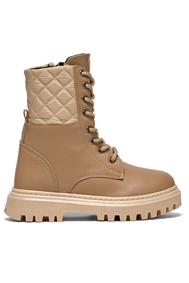 Lányok Nude Thermo Sole steppelt, részletes fűzős és cipzáras hosszú csizma - 1