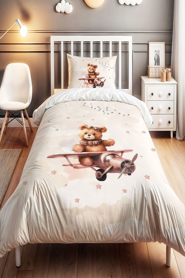 Brown Pilot Teddy Bear Patterned Single Baby Kids Bedding Set