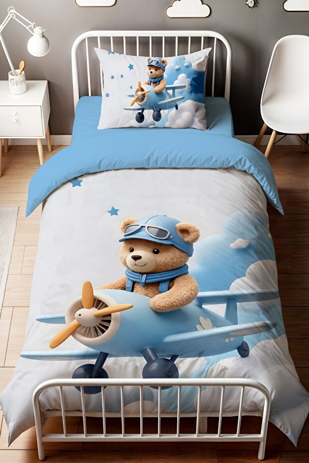 Mavi Bulutlu Pilot Ayıcık Desenli Tek Kişilik Bebek Çocuk Nevresim Seti - 2