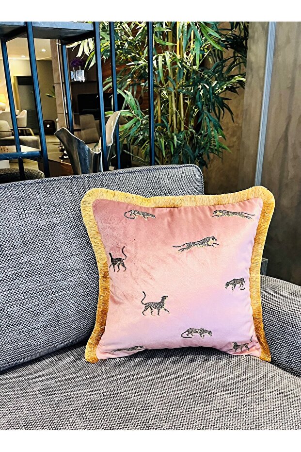 Leopard Patterned Throw Pillow Cover Pink Velvet with Gold Tassels 45 cm X 45 cm