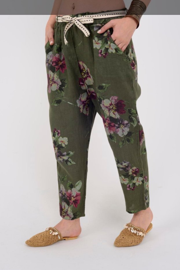 Women's Khaki Italian Elastic Waist Belt Detailed Flower Pattern Carrot Linen Trousers