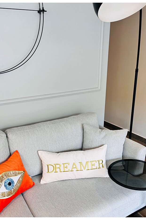 Dreamer Patterned Cream Velvet Throw Pillow Cover (30 cm x 60 cm)
