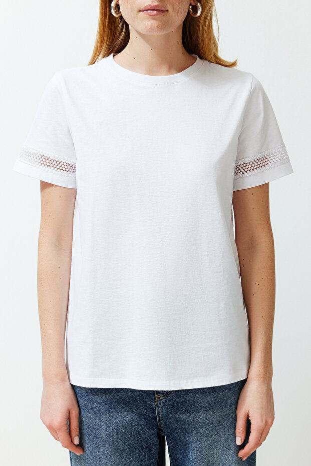 Beyaz Aksesuar Kalın Pamuklu Detaylı Basic/Regular Kalıp Örme T-Shirt TWOSS24TS00048 - 5