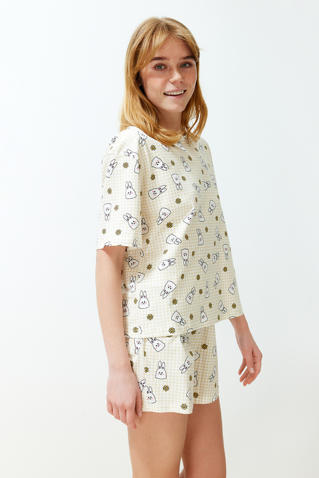 Sarı-Çok Renkli %100 Pamuklu Pötikare Şortlu Örme Pijama Takımı THMSS24PT00211 - 2