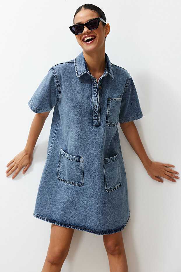 Mavi Cep Detaylı Oversize Mini Denim Gömlek Elbise TWOSS22EL3022 - 3