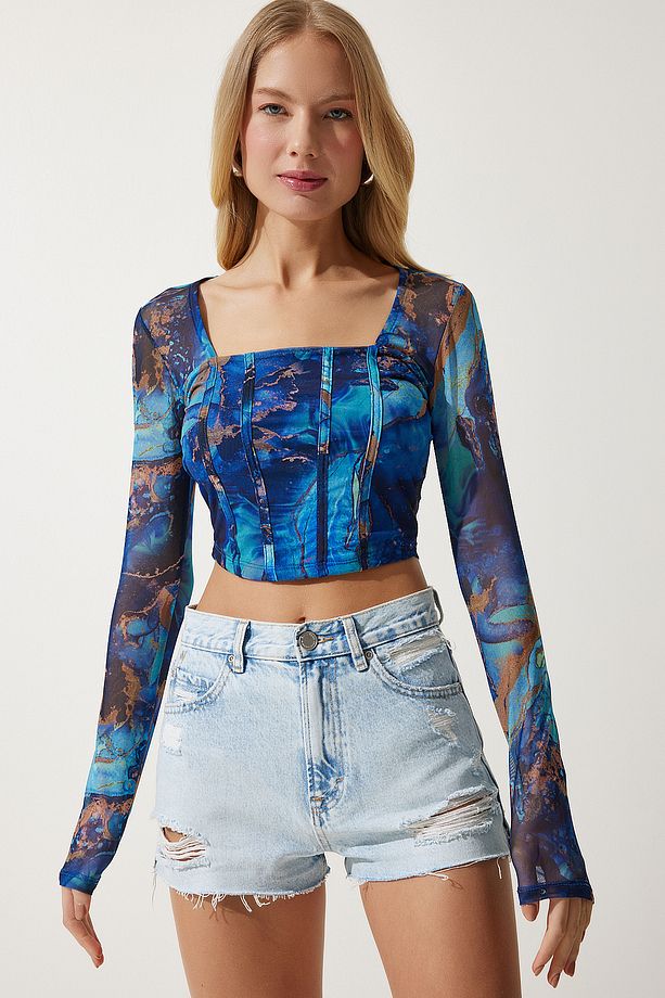 Kadın Mavi Desenli Crop Şifon Bluz AN00179 - 2