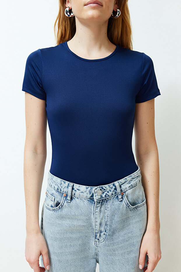 Lacivert Fitted/Vücuda oturan Kısa Kol Esnek Çıtçıtlı Örme Body TWOSS24BD00034 - 4