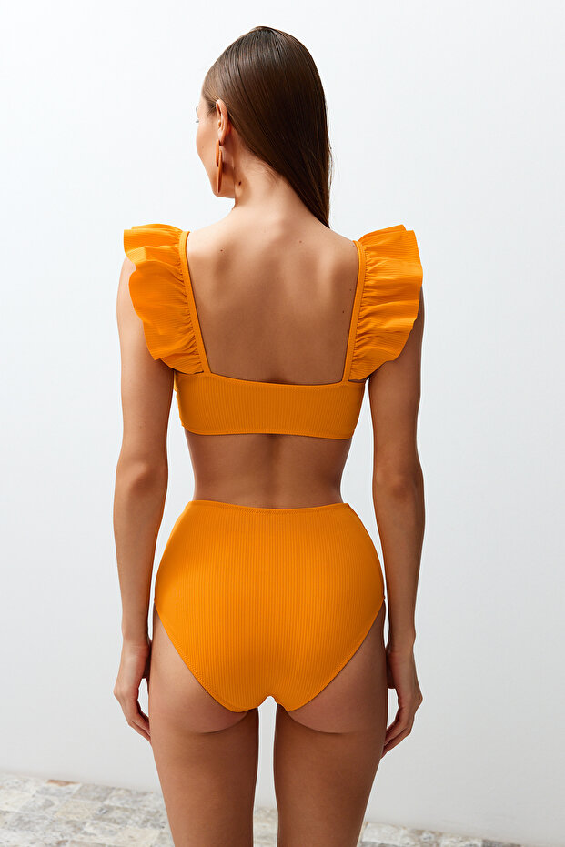 Turuncu Dokulu Fırfırlı Bralette Kaplı Hipster Yüksek Bel Bikini Takımı TBESS22BT0049 - 6