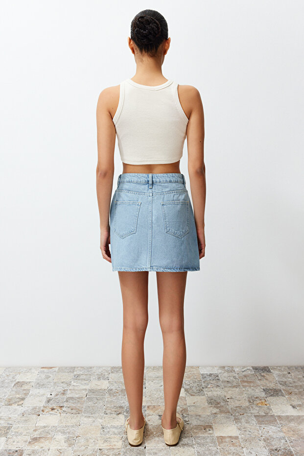 Limited Edition Açık Mavi Yırtmaçlı Mini Denim Etek TWOSS23ET00347 - 6