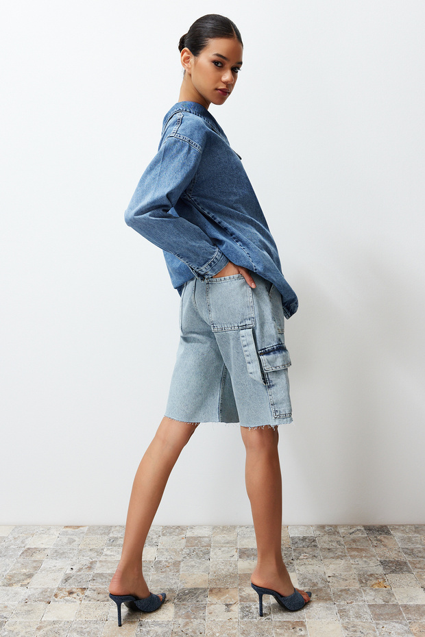 Açık Mavi Kargo Cep Yüksek Bel Denim Bermuda TWOSS24SR00091 - 3