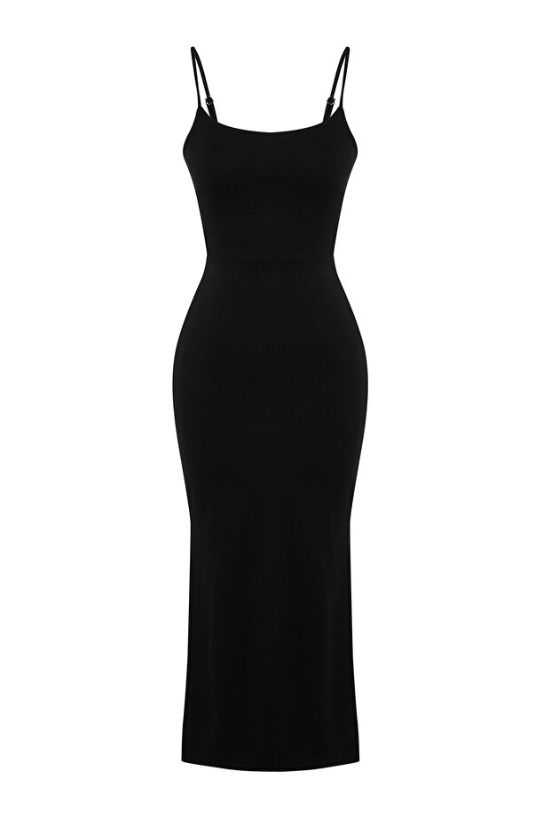 Siyah Cut Out Detaylı Yırtmaçlı Vücuda Oturan Askılı Midi Esnek Örme Kalem Elbise TWOSS24EL00139 - 8