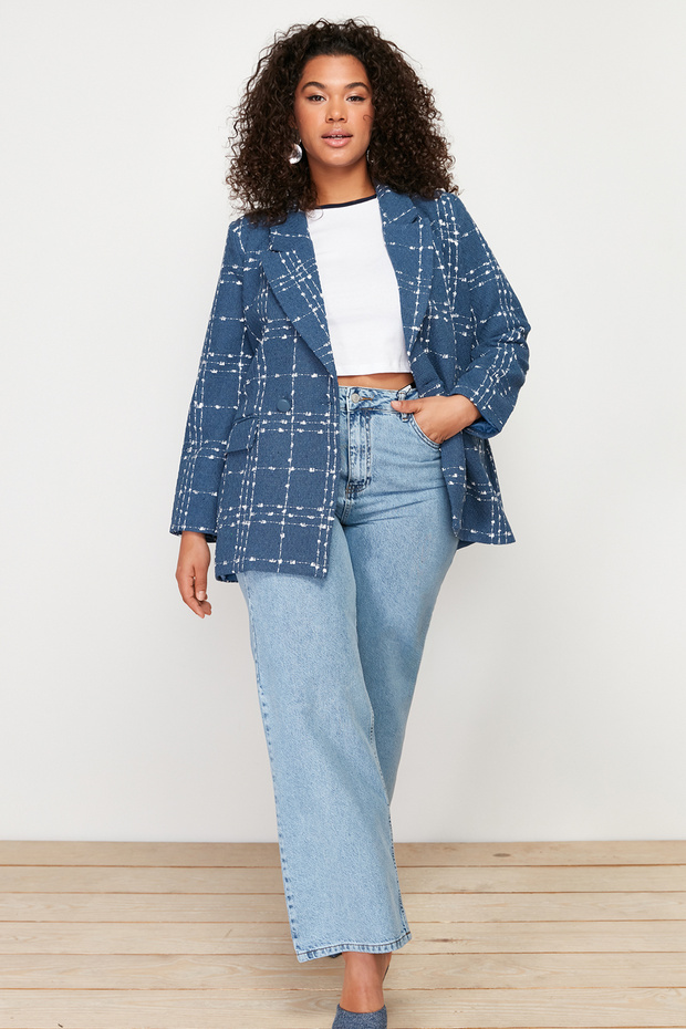 Granatowa tweedowa marynarka z tkaniny TBBSS24AG00004 - 2